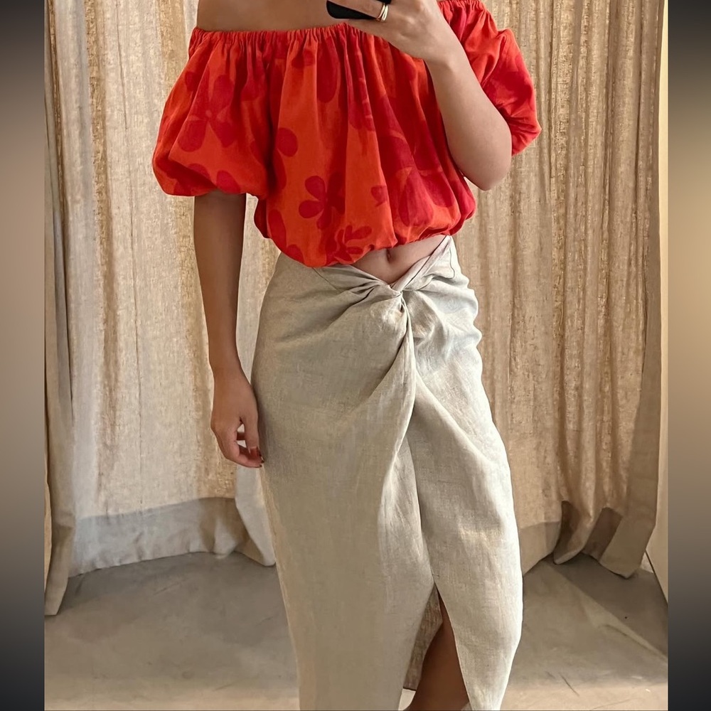 At Dawn Oahu linen mid pencil skirt in natural XS